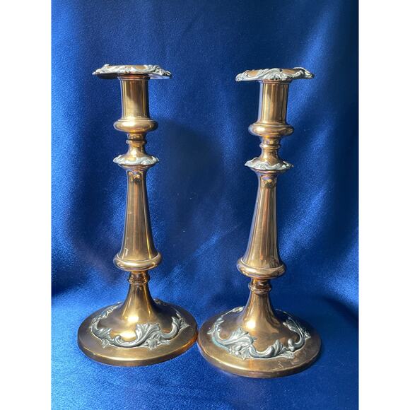 Antique Pair of Copper and Pewter Tall Candlestick Holders - Picture 1 of 8